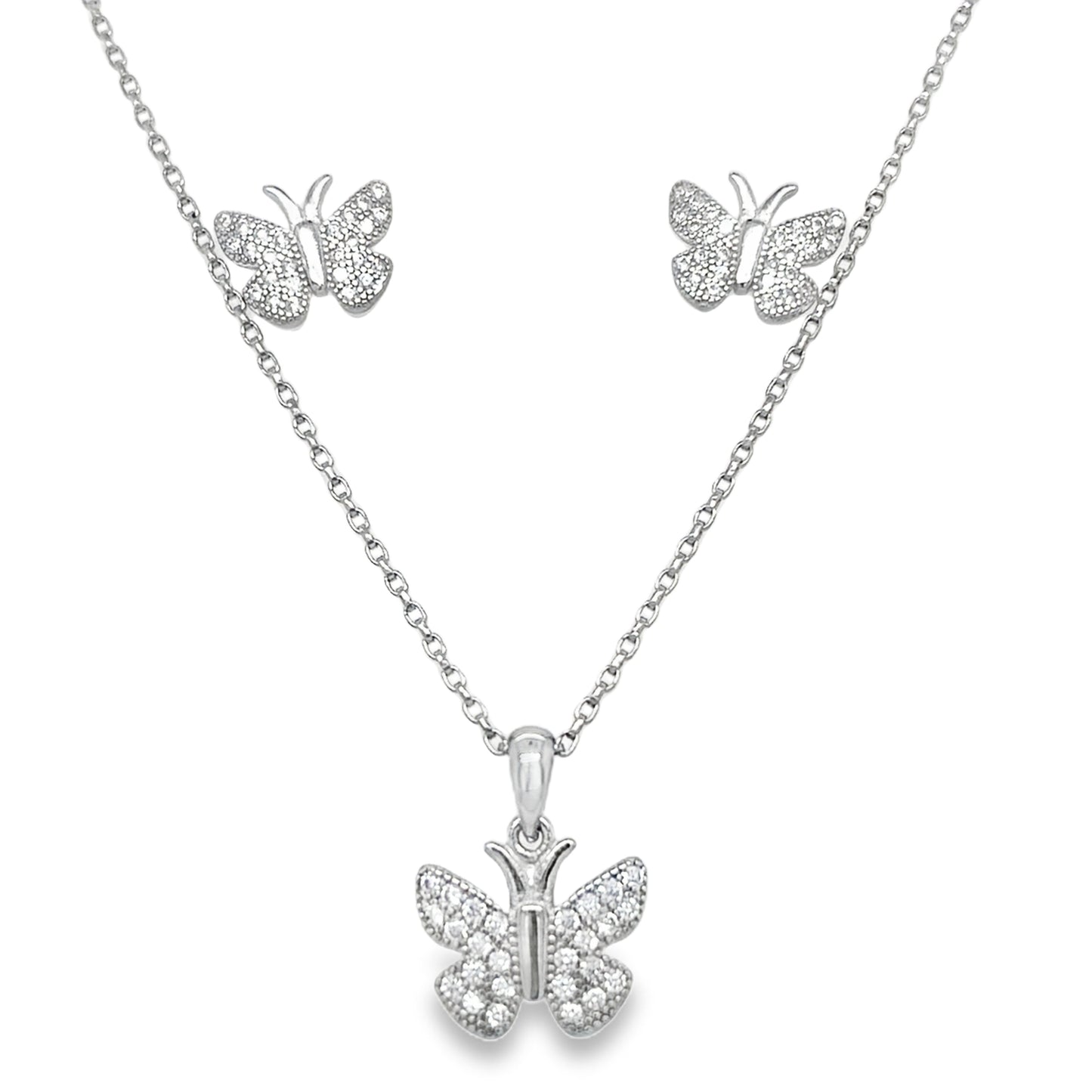 Sterling Silver Pave CZ B/fly Kids Pendant and Earring Set