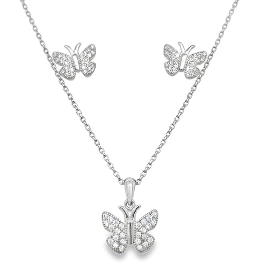 Sterling Silver Pave CZ B/fly Kids Pendant and Earring Set
