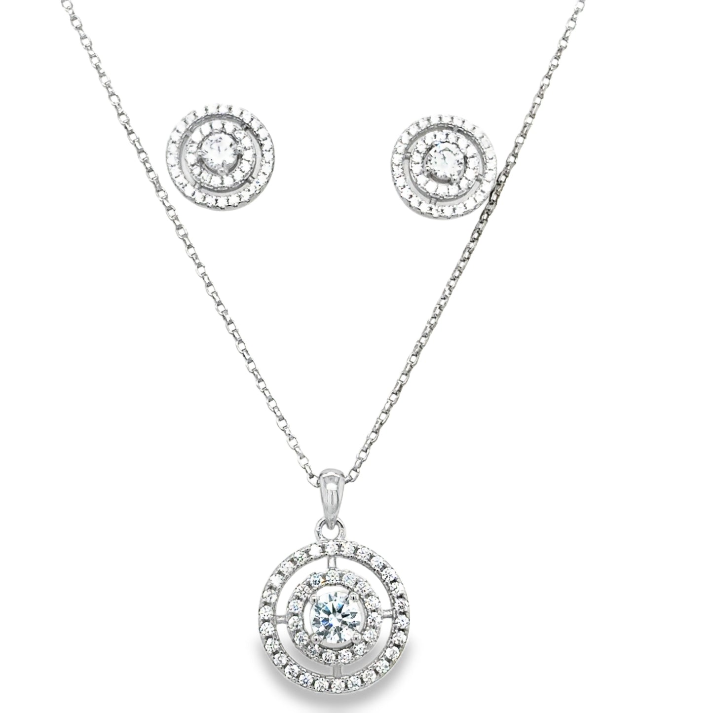 Sterling Silver CZ Solitaire with Open Double Halo Pendant and Earring Set