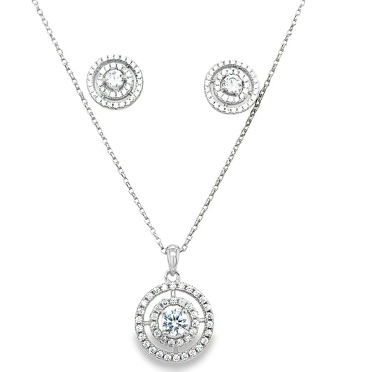 Sterling Silver CZ Solitaire with Open Double Halo Pendant and Earring Set