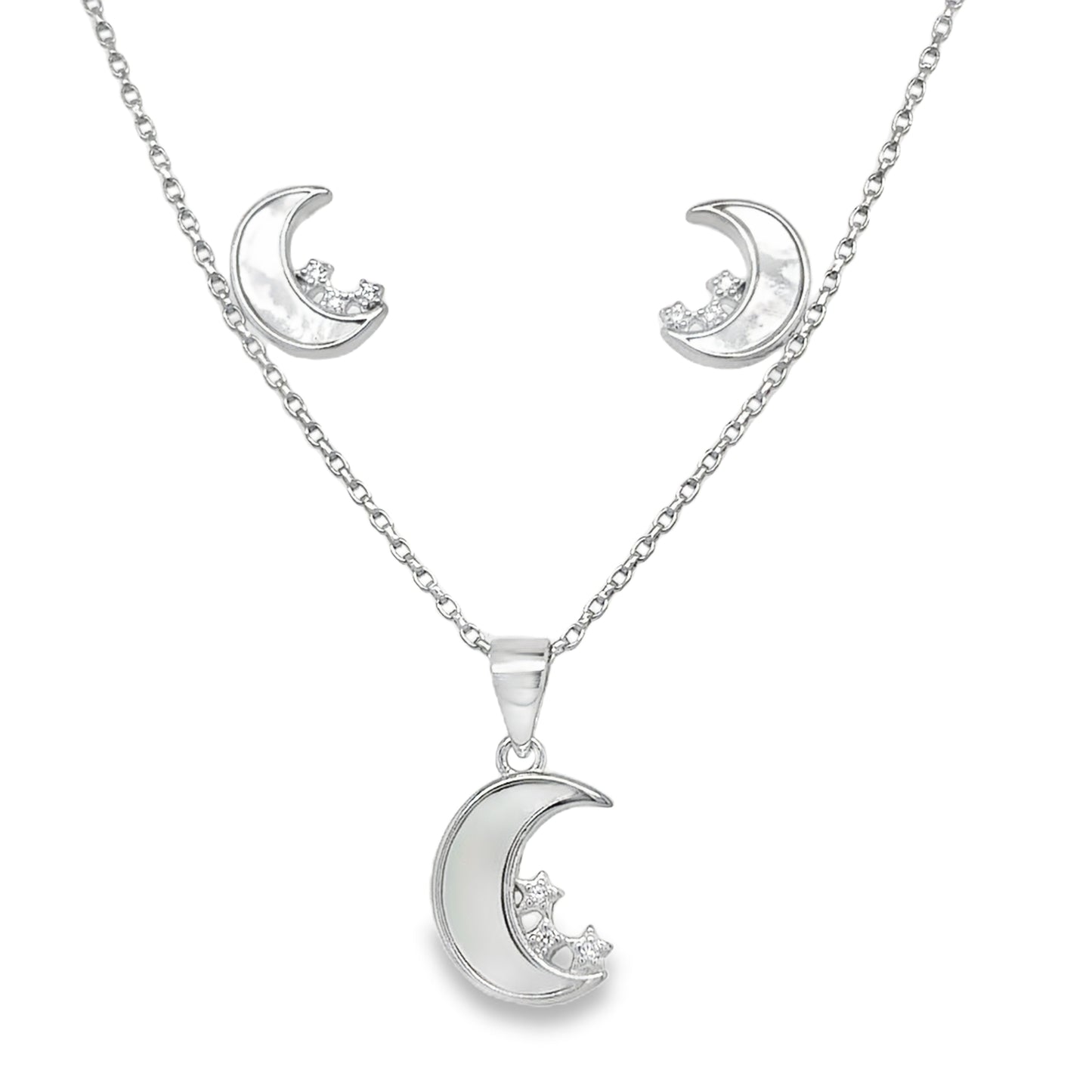 Sterling silver Open Moon and Star Pendant and Earring Set