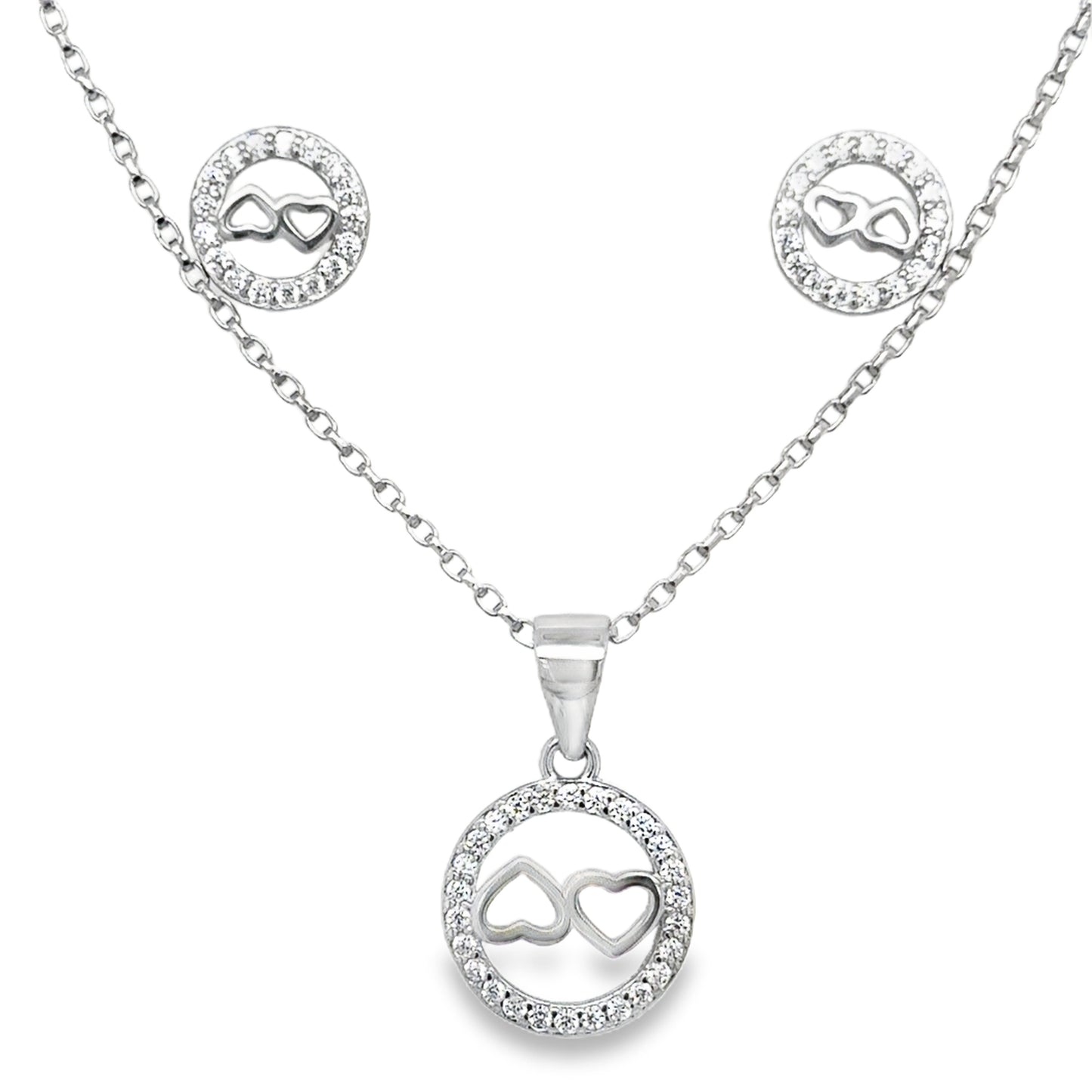 Sterling Silver Open Circle Double Heart Centre Pendant and Earring Set