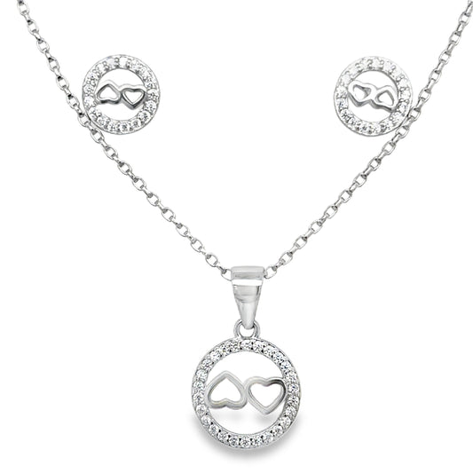 Sterling Silver Open Circle Double Heart Centre Pendant and Earring Set