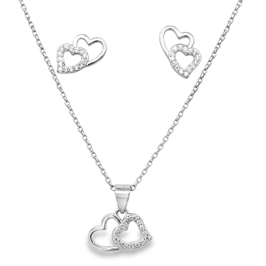 Sterling Silver CZ and Polished Open Double Heart Pendant and Earring Set