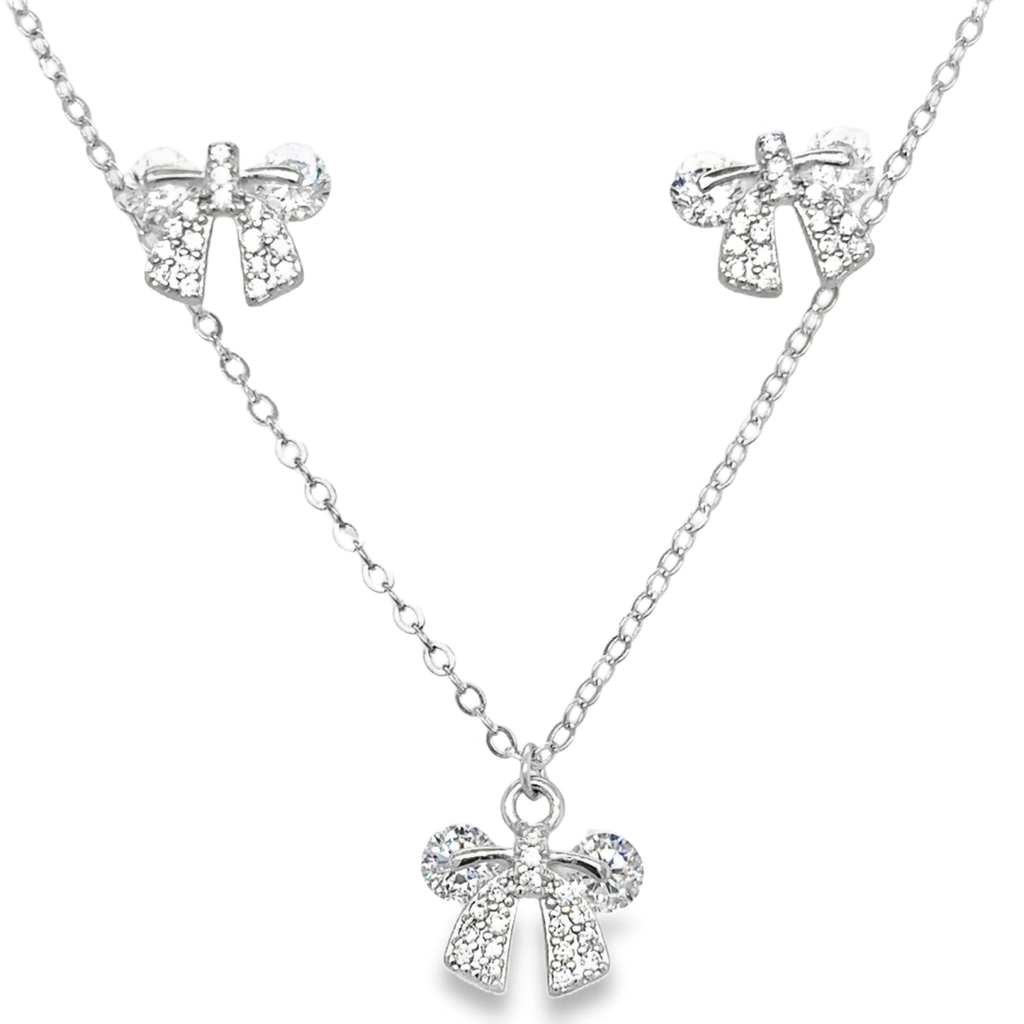 Sterling Silver Pave CZ Bow Necklet and Earring Set