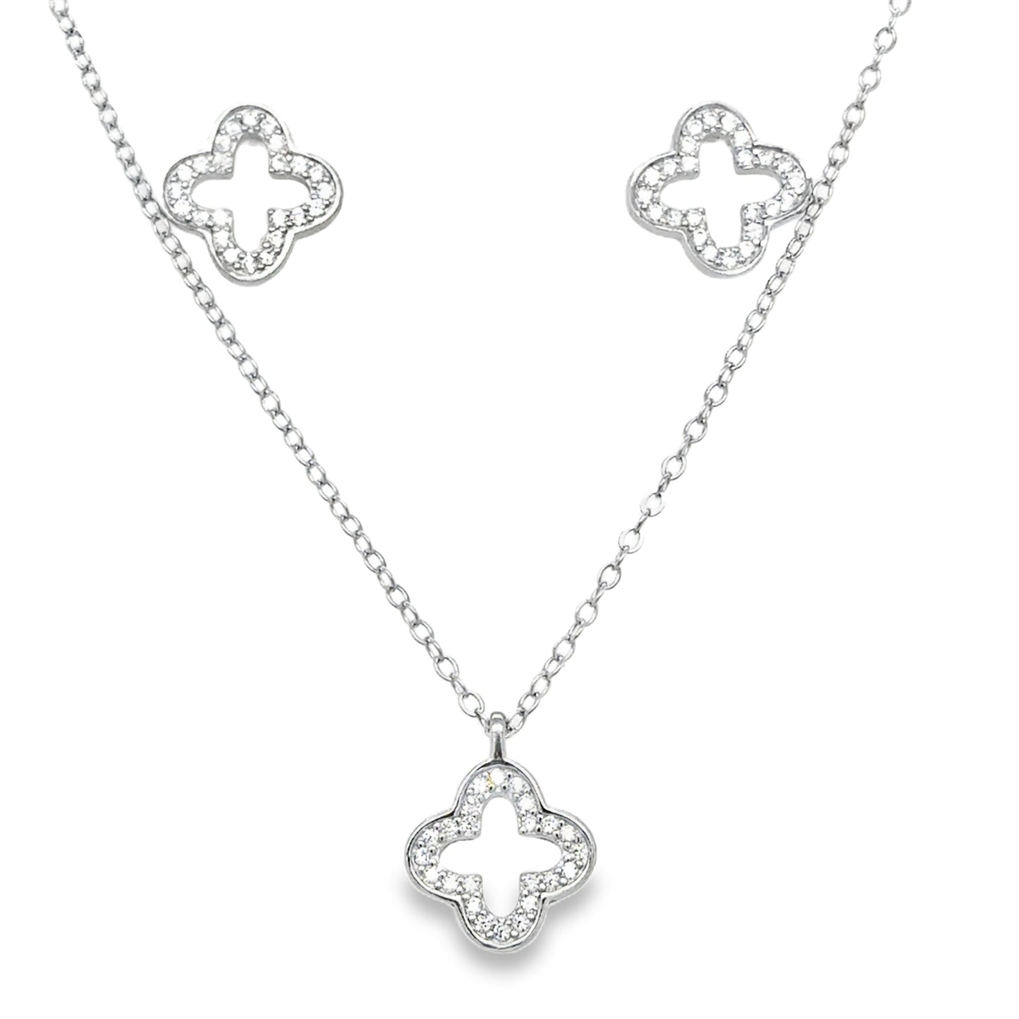 Sterling Silver Open CZ Clover Necklet and Pendant Set