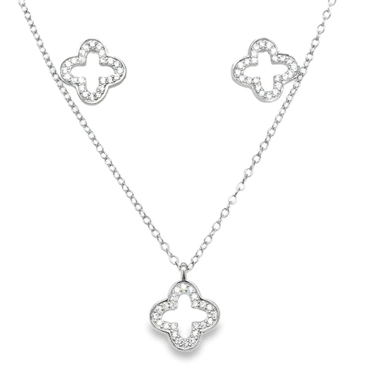 Sterling Silver Open CZ Clover Necklet and Pendant Set