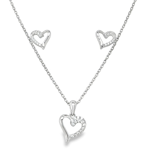 Sterling Silver Polished and CZ Open Heart Pendant and Earring Set