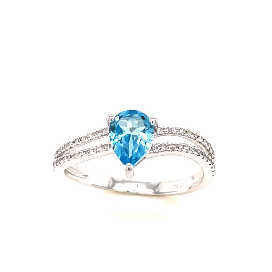 9ct White Gold Pear Solitaire Blue Topaz/ Diamond Ring .14ct