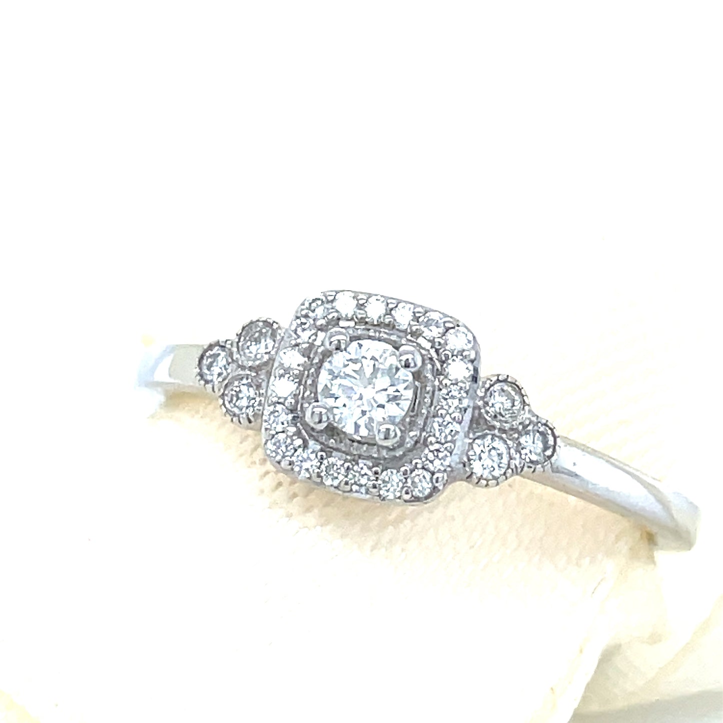 9ct White Gold Round Brilliant Square Halo Set Diamond Ring With Antique Style Shoulders 0.20ct