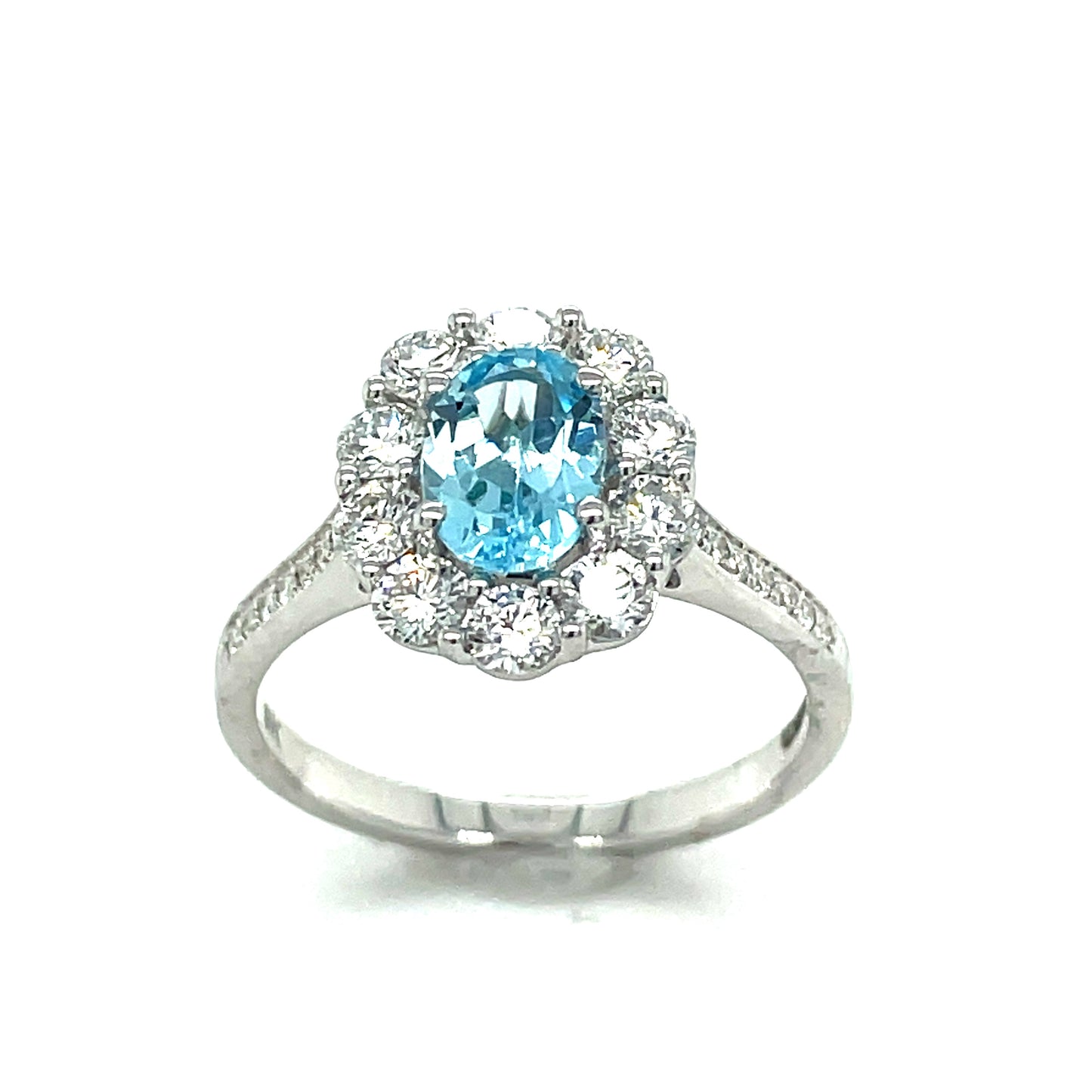 9ct White Gold Oval Halo Scalloped Blue Topaz And Diamond Ring