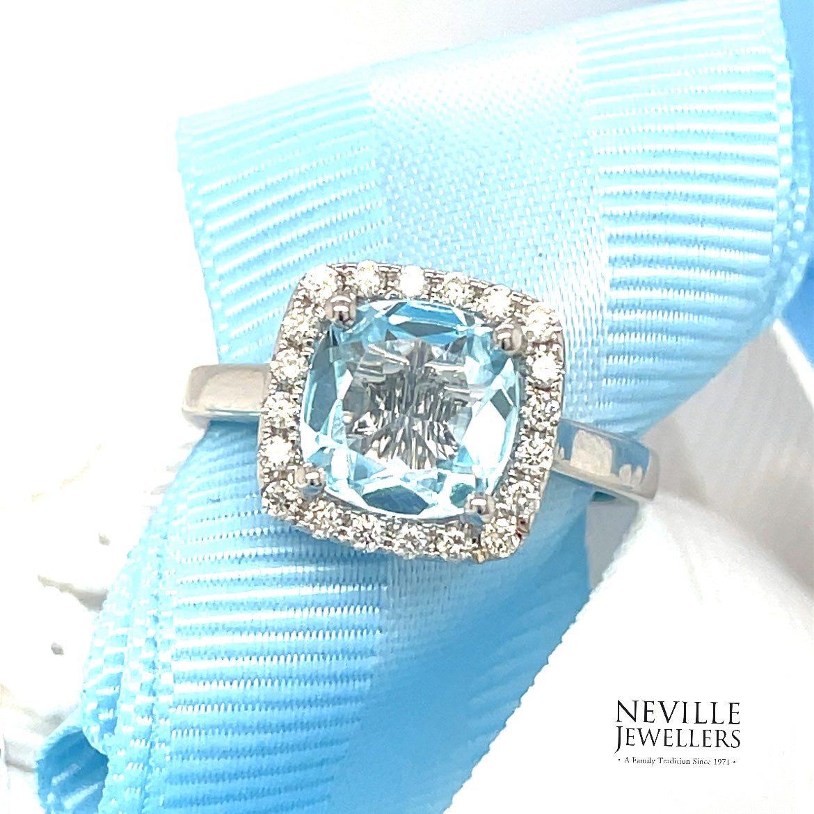 9ct White Gold Cushion Cut Blue Topaz And Diamond Ring .25ct