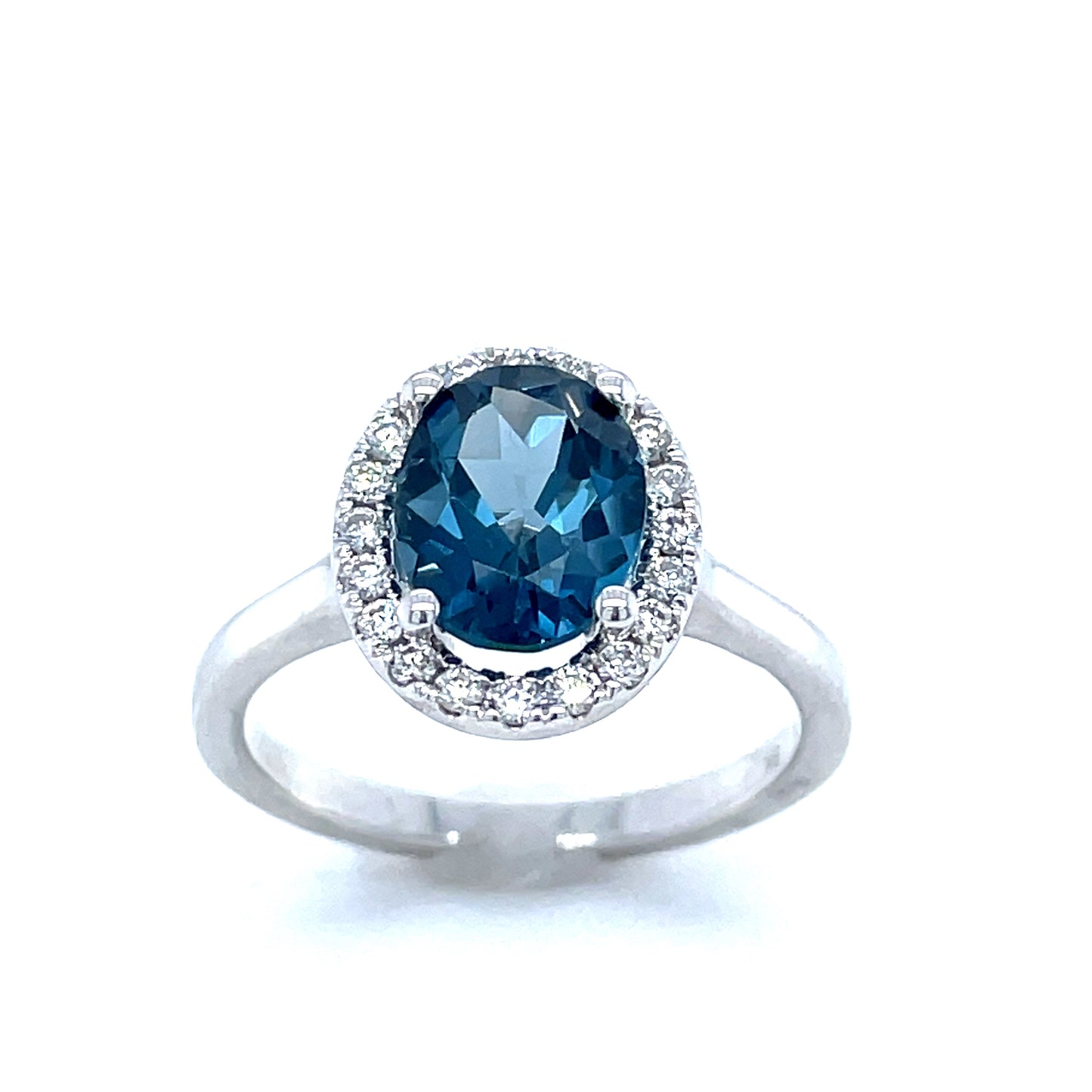 9ct White Gold Oval Halo London Blue Topaz And Diamond Ring .25