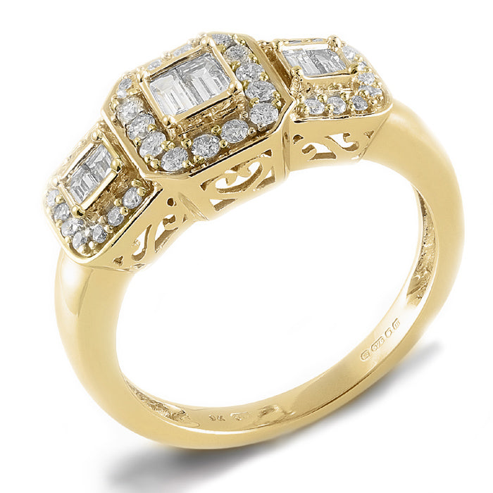 9ct Gold Three Stone Cluster Diamond Ring .50ct