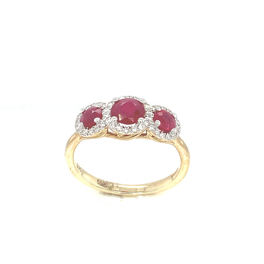 9ct Three Stone Ruby And Diamond 1.00 Diamond Ring