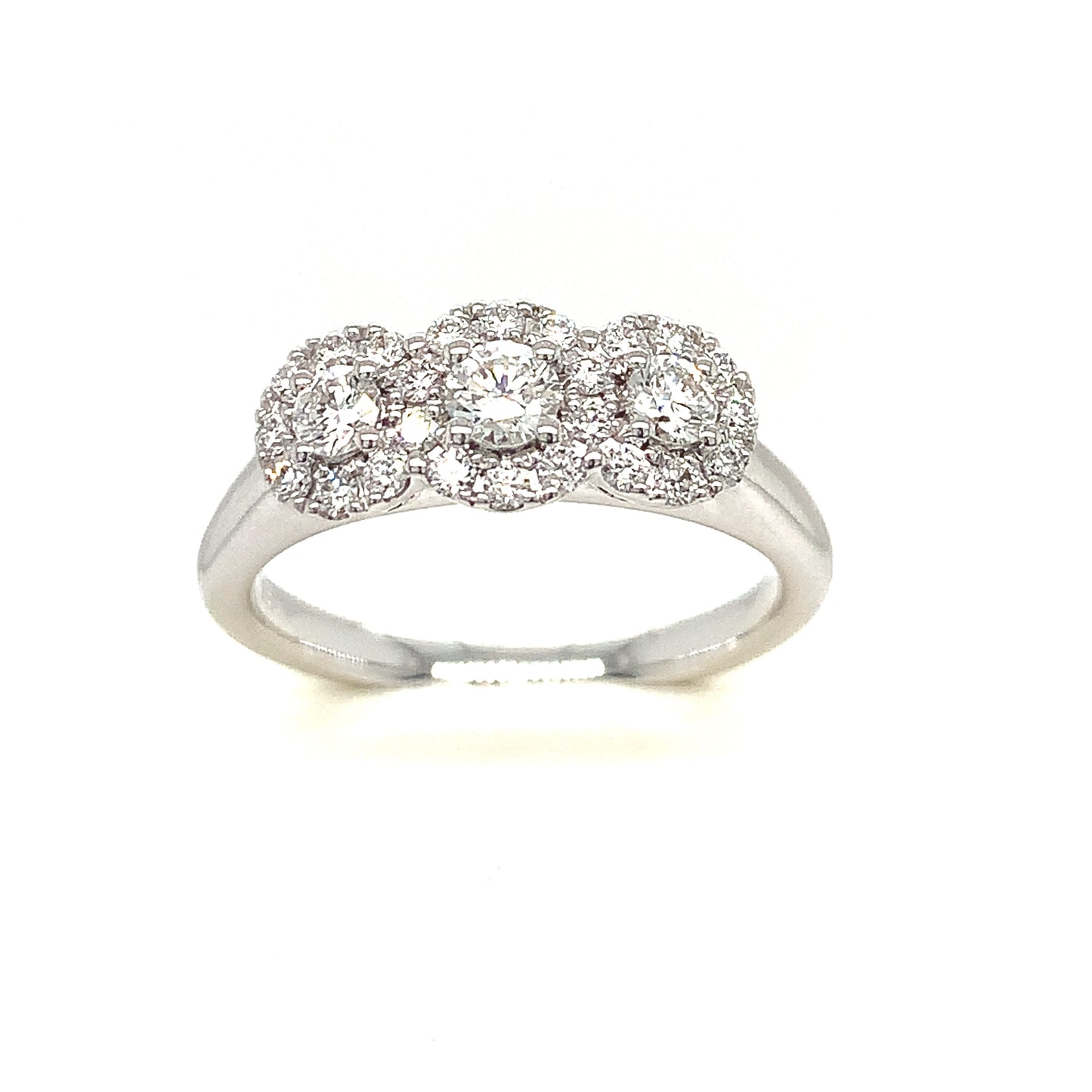 14ct White Gold Three Stone Halo Diamond Ring .59ct