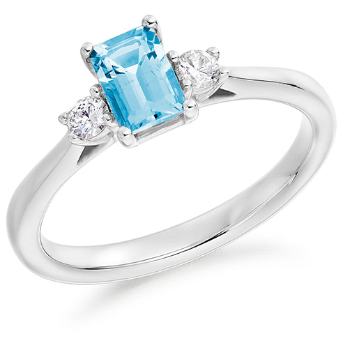 9ct White Gold Three Stone Diamond and Aquamarine Ring