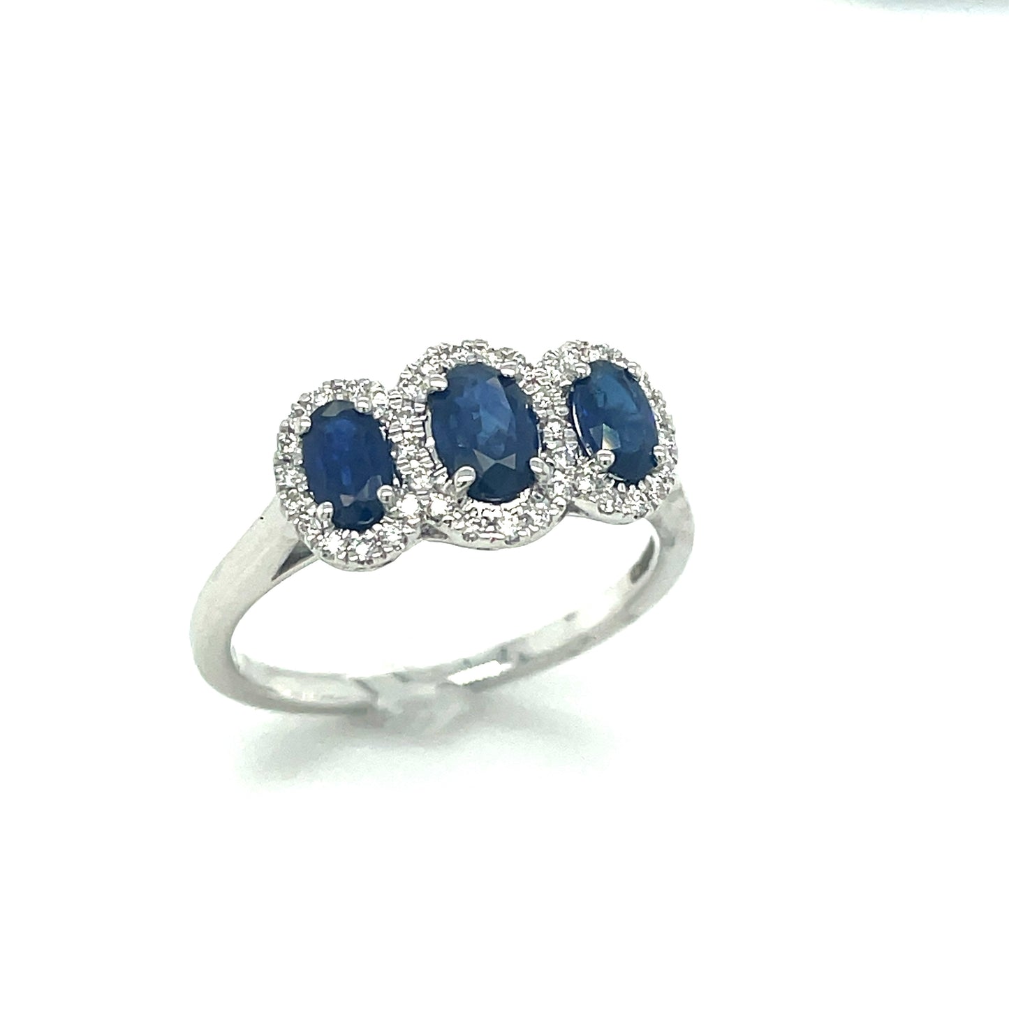 9ct White Gold 3 Stone Oval Halo Sapphire And Diamond Ring .16ct
