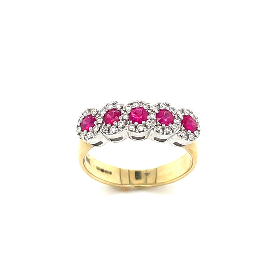 9ct Five Stone Cluster Ruby And Diamond Ring .21 Ct