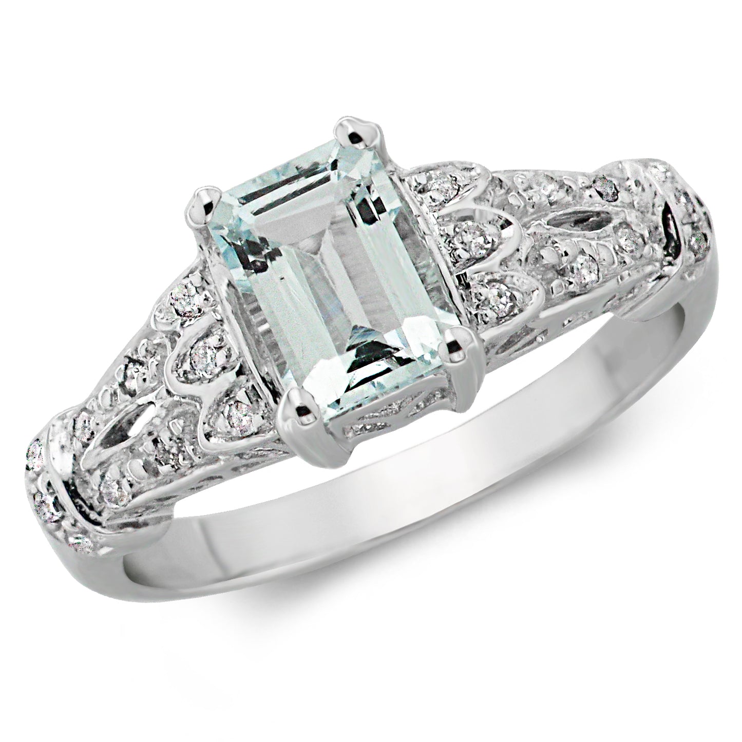 9ct White Gold Aquamarine .90ct And Diamond .10ct Shoulders Ring