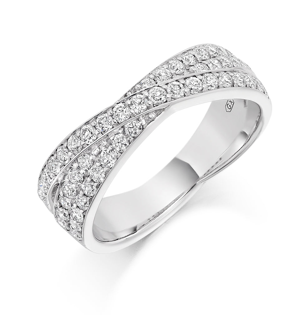 9ct White Gold Three Row Crossover Diamond Ring .70ct