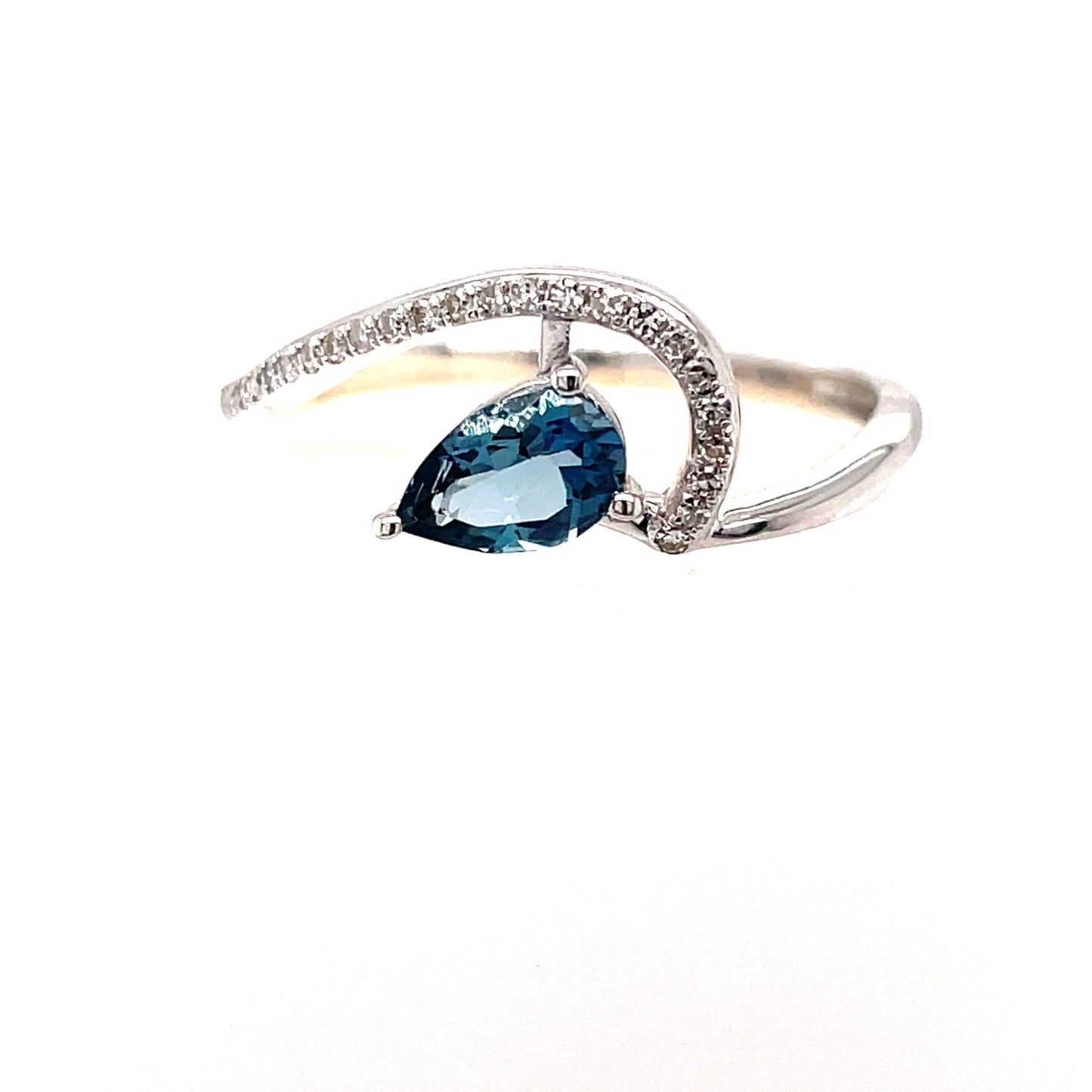 9ct White Gold Open Pear London Blue Topaz/Diamond Ring .07 Ct