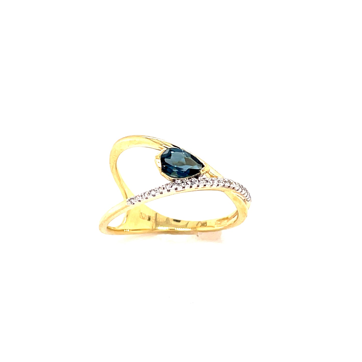 9ct Open Fancy Pear Cut London Blue Topaz And Diamond Ring .06ct
