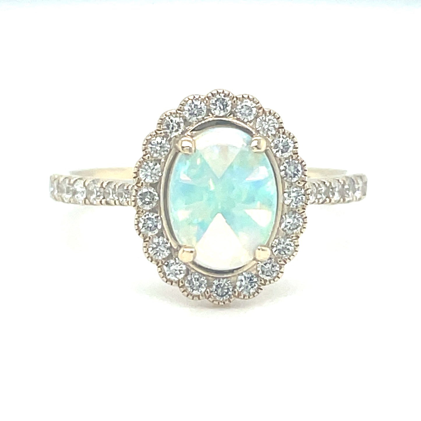 9ct Yellow Gold Opal Set In A Diamond Halo & Sh Setting 0.50ct