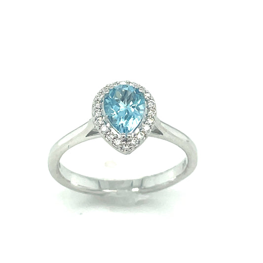 9ct White Gold Pear Halo Blue Topaz And Diamond Ring .10ct