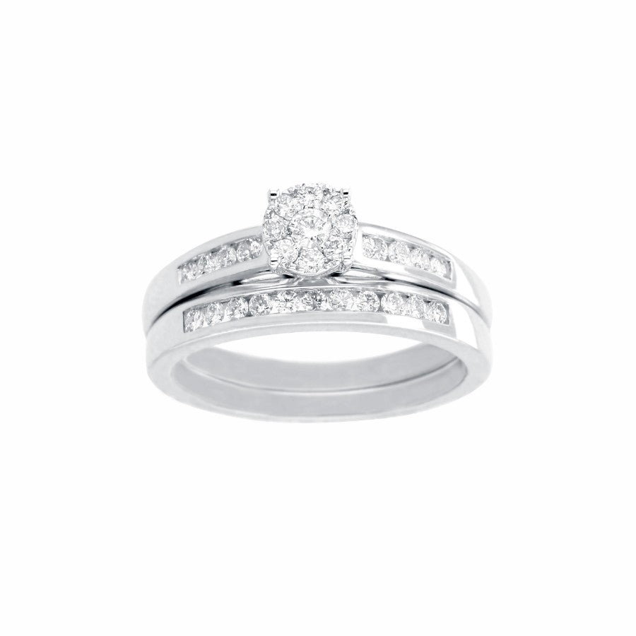 9ct White Gold Round Diamond Cluster And Wedding Band Set