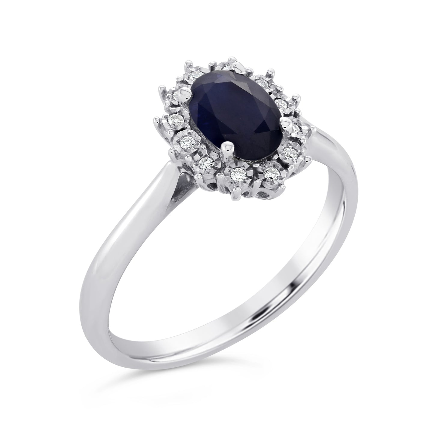 9ct White Gold Saohire And Diamond Oval Cluster