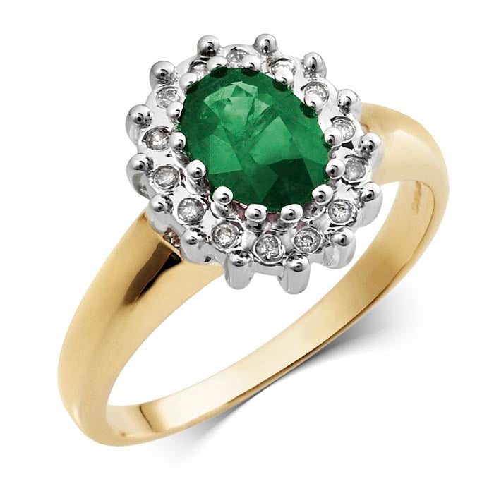 9ct Emerald And Diamond Oval Cluster Ring