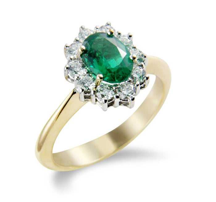 9ct Emerald And Diamond Oval Cluster .30ct Diamond Ring