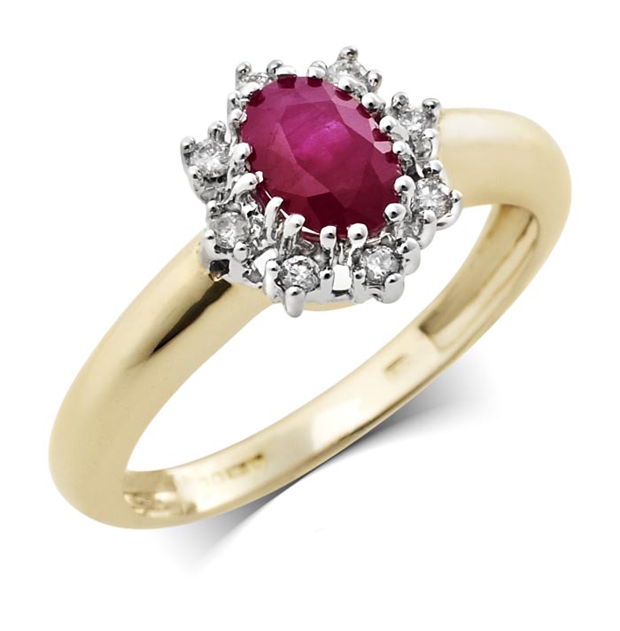 9ct Ruby And Diamond Oval Cluster .08ct Diamond Ring