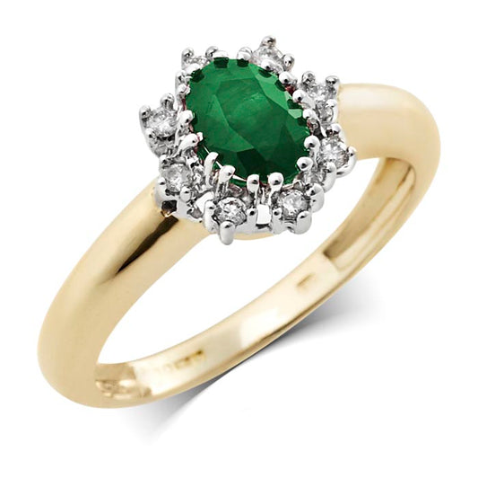 9ct Emerald And Diamond Oval Cluster .08ct Diamond Ring