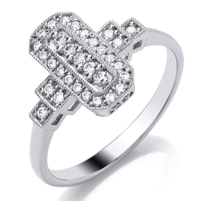 9ct White Gold Long Cluster With Diamond Shoulders Diamond Ring