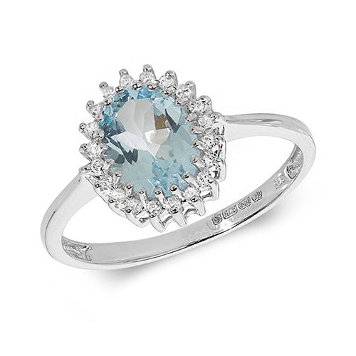 9ct White Gold Oval Aquamarine And Diamond Cluster Ring