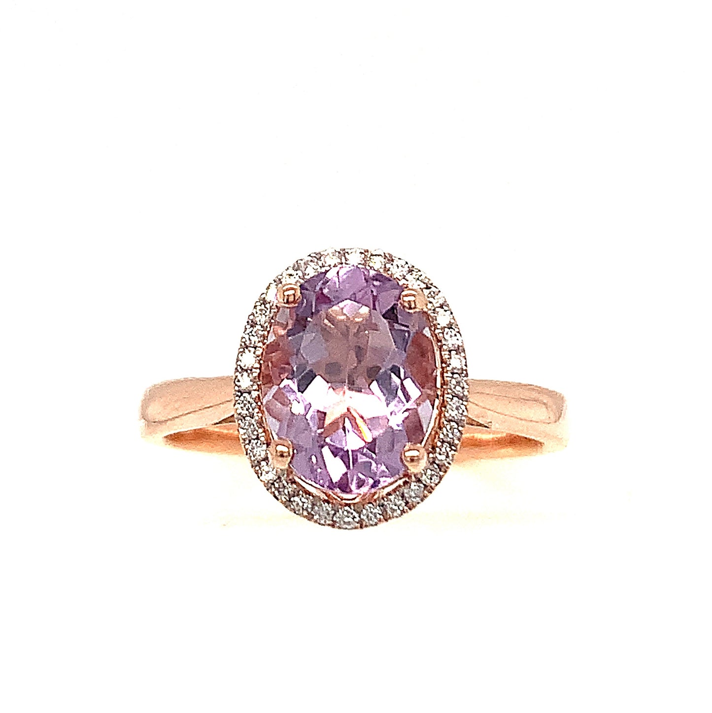 9ct Rose Gold Pink Amethyst And Diamond Oval Cluster Ring