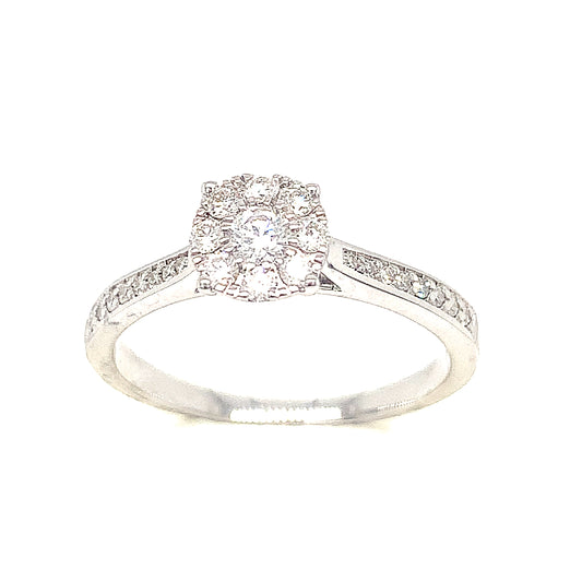 9ct White Gold Cluster With Diamond Shoulders .33ct Ring