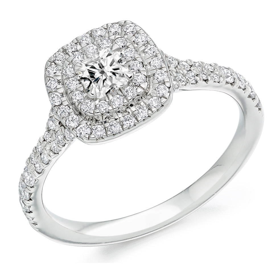 9ct White Gold Cluster Squared Double Halo Diamond Ring .89ct