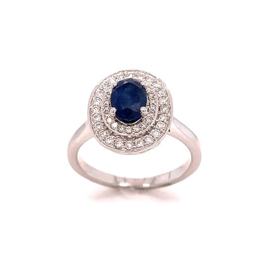 9ct White Gold Sapphire And Diamond Oval Cluster .35ct Ring