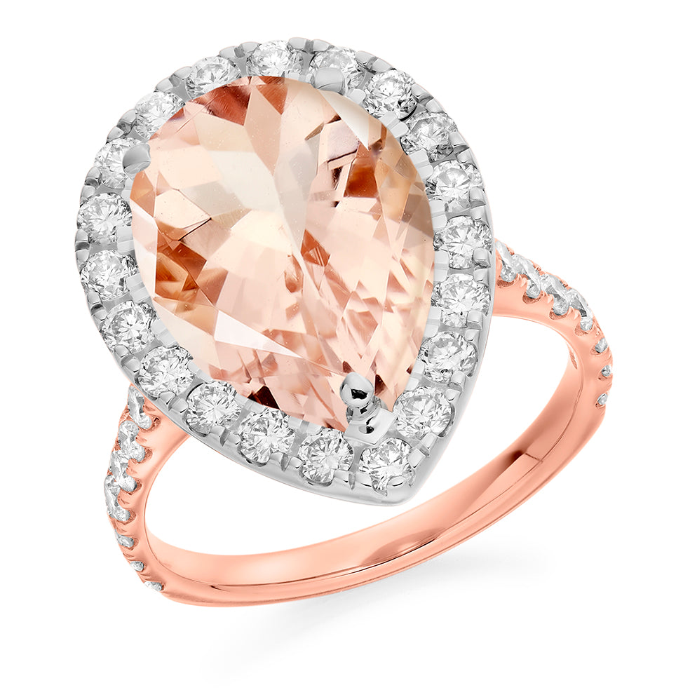 18ct Rose Gold Morganite And Diamond Pear Cluster Diamond Ring
