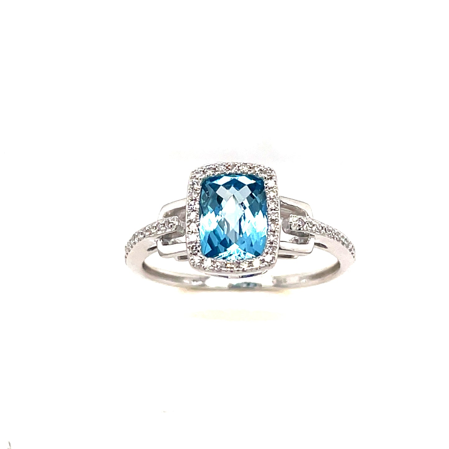 9ct White Gold Square Cluster Blue Topaz/Diamond Ring .11 Ct