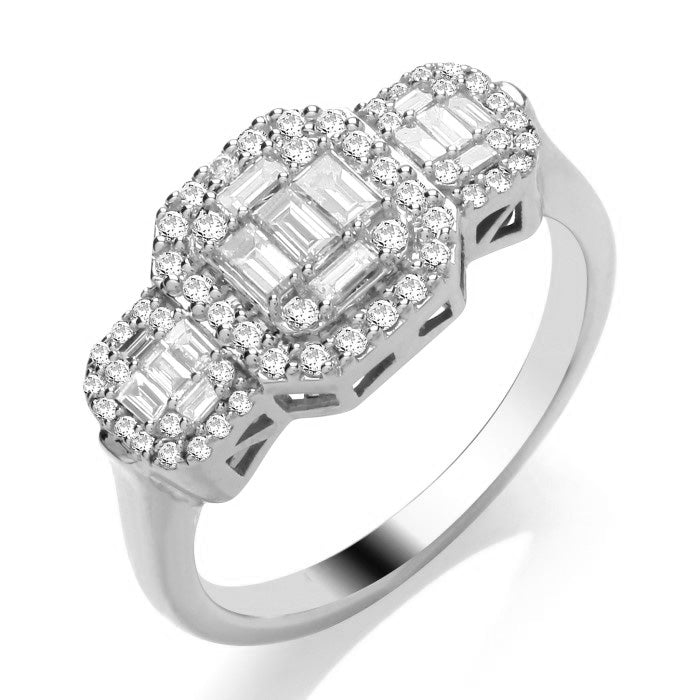 9ct White Gold Emerald/Brilliant Cut Cluster Diamond Ring .75ct