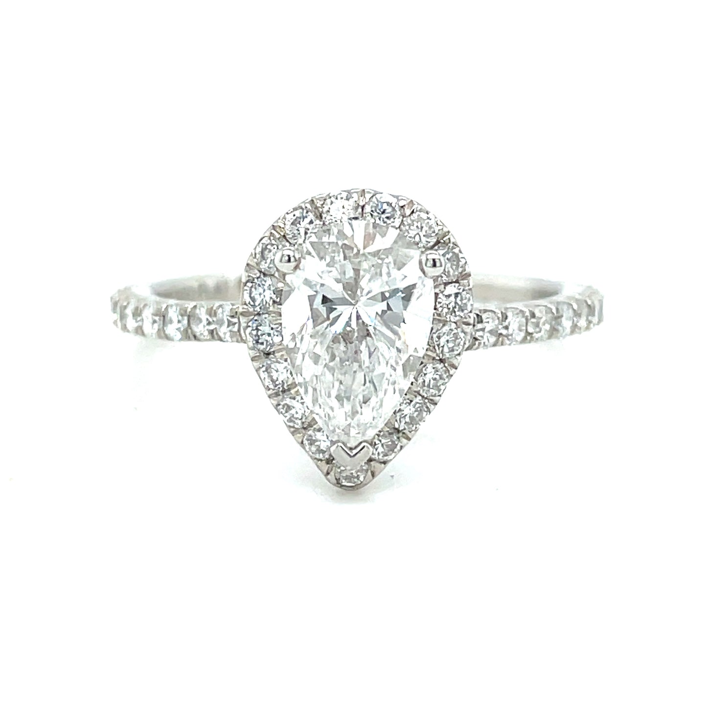 Platinum Pear Solitaire Halo Cultured Diamond Ring 1.35ct