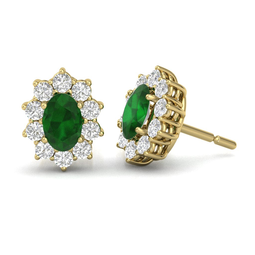 9ct Emerald And Diamond Oval Cluster Earrings