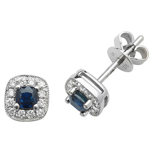 9ct White Gold Diamond And Sapphire Cushion Shaped Earring