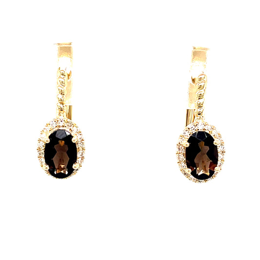 9ct Drop Oval Cluster Hoop Smoky Quartz/Diamond Earring .11ct