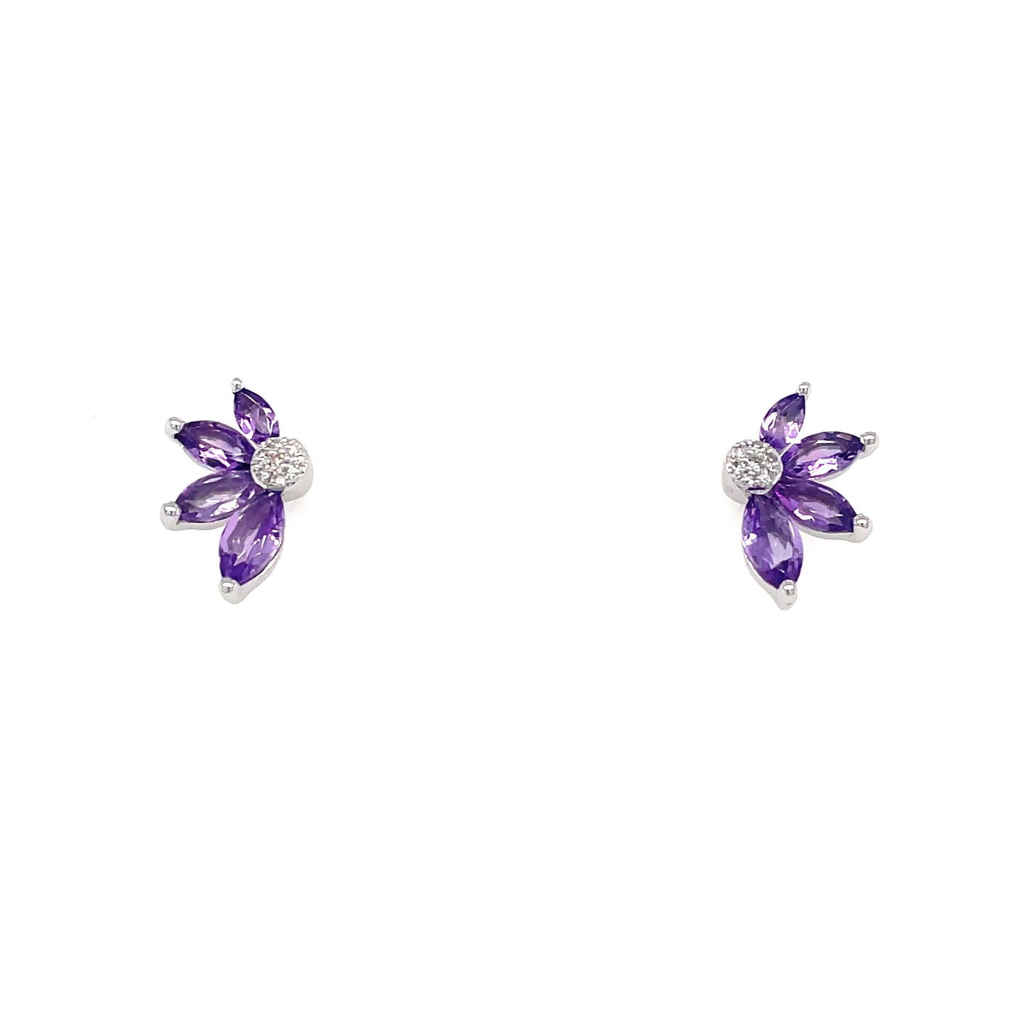 9ct White Gold Half Flower Amethyst And Diamond Earring .04ct