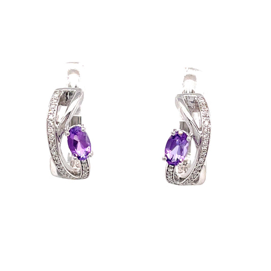 9ct White Gold Twist Amethyst/Diamond Hoop Earring .09 Ct